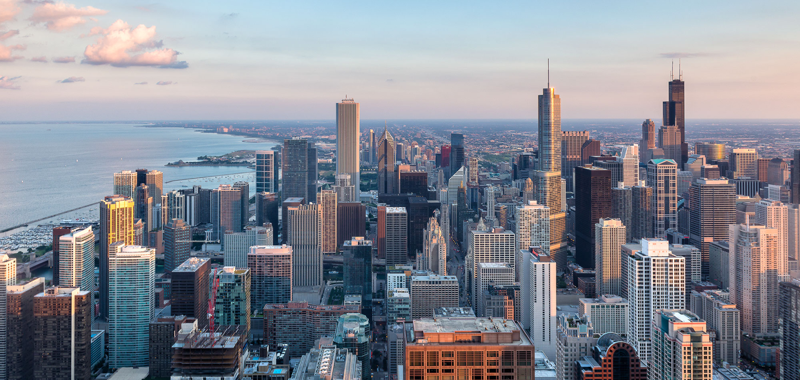 A picture of the Chicago skyline with Lake Michigan on the left