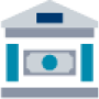 Illustrated icon of a bank with a dollar bill in front of it in various shades of blue and grey