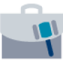 Illustrated icon of a briefcase and a gavel in various shades of blue and grey