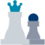 Illustrated icon of a queen chess piece and a pawn chess piece in various shades of blue and grey