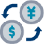 Illustrated icon of two coins, one with a dollar sign on it and one with the yen symbol on it, and arrows pointing from one coin to the other, representing currency exchange, in various shades of blue and grey