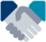 Illustrated icon of a handshake in various shades of blue and grey