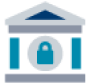Illustrated icon of a bank with a lock representing a safe in various shades of blue and grey