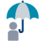 Illustrated icon of a person holding an umbrella in various shades of blue and grey