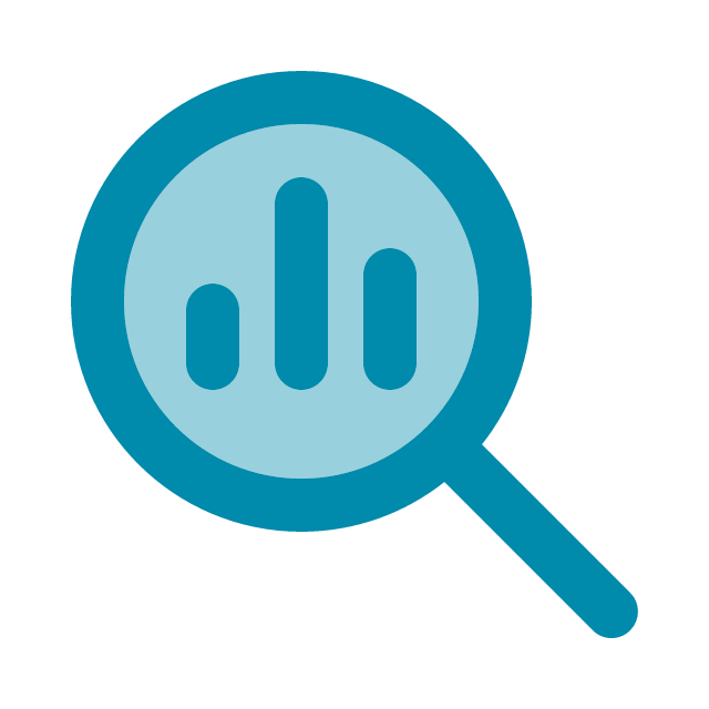 Magnifying glass icon with bar charts inside, symbolizing data analytics, business intelligence, or search for insights.