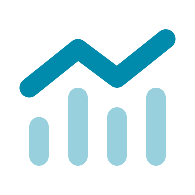 An icon depicting growth and data analysis, with an ascending line graph over a bar chart showing increasing values.