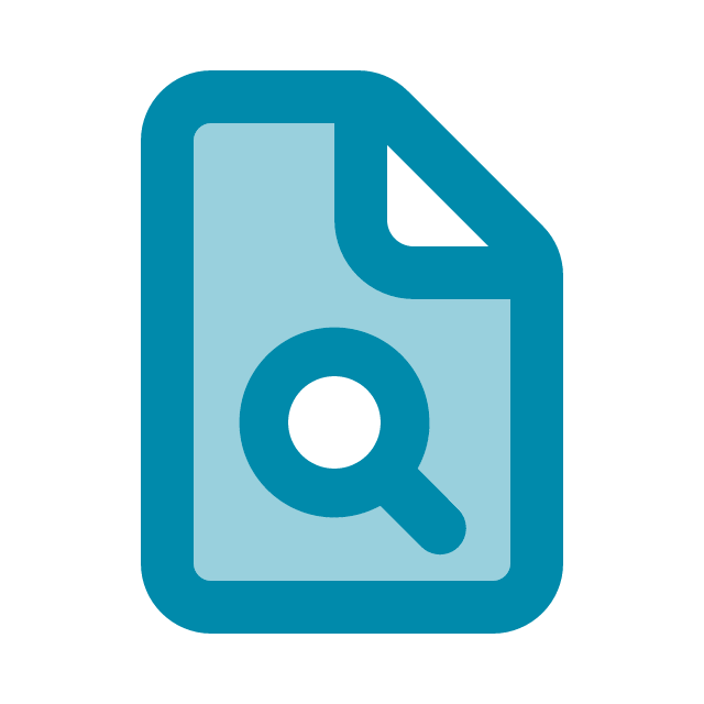 A blue document file icon with a magnifying glass symbol inside, representing search or document review.